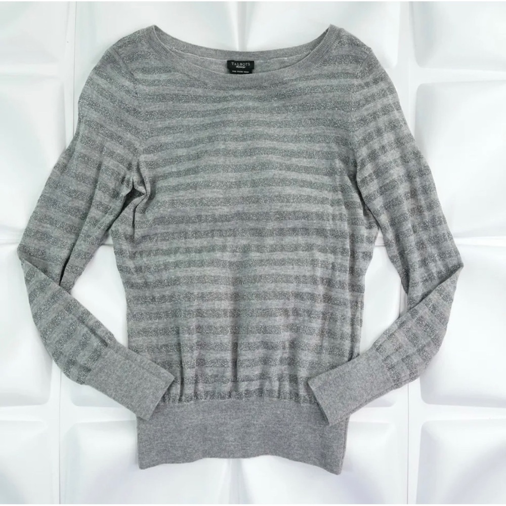 Talbots Womens Sz L Gray Pure Italian Wool Metallic Silver Striped Sweater Top